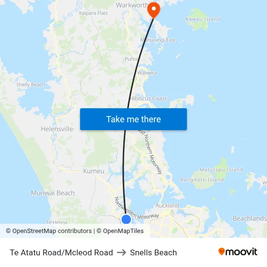 Te Atatu Road/Mcleod Road to Snells Beach map