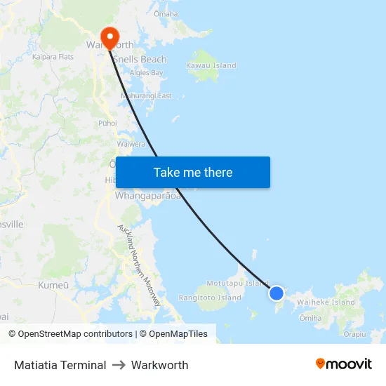 Matiatia Terminal to Warkworth map