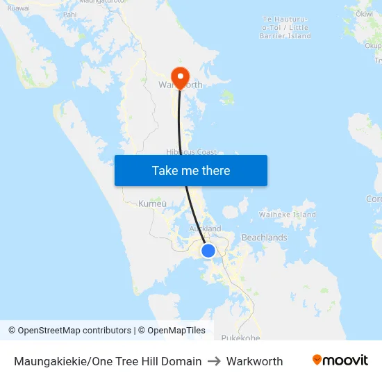 Maungakiekie/One Tree Hill Domain to Warkworth map