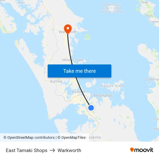 East Tamaki Shops to Warkworth map