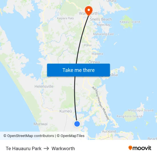 Te Hauauru Park to Warkworth map