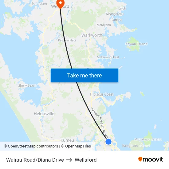 Wairau Road/Diana Drive to Wellsford map