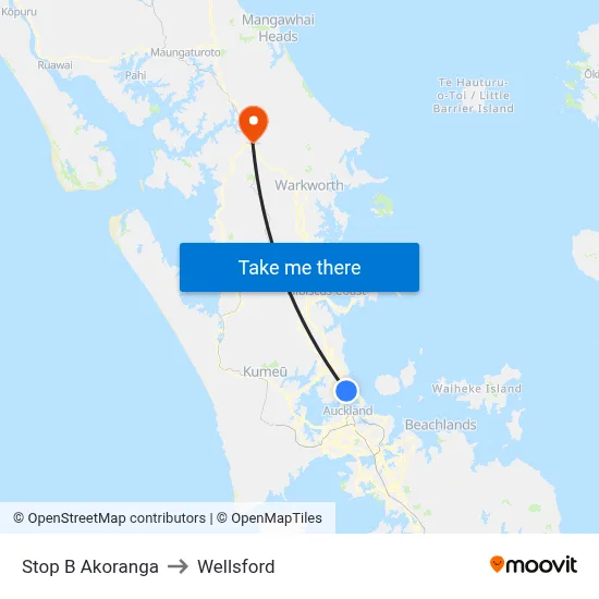 Stop B Akoranga to Wellsford map
