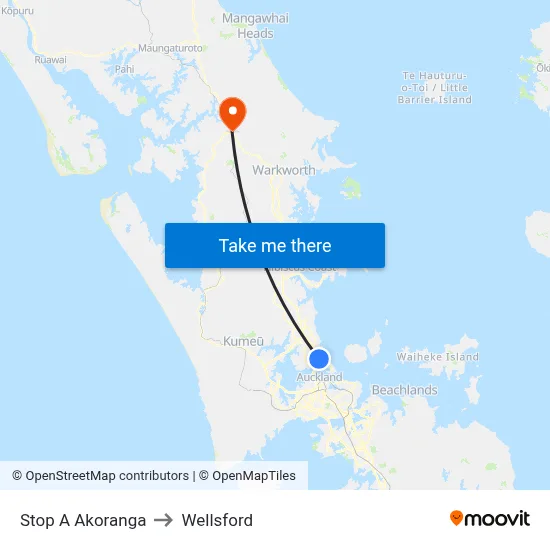 Stop A Akoranga to Wellsford map