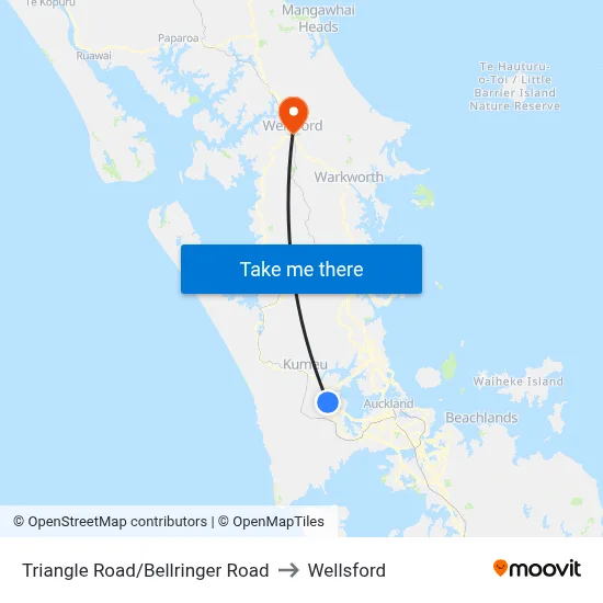 Triangle Road/Bellringer Road to Wellsford map