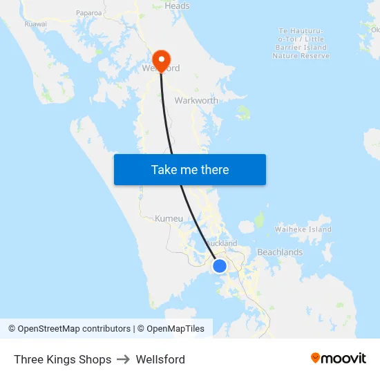 Three Kings Shops to Wellsford map