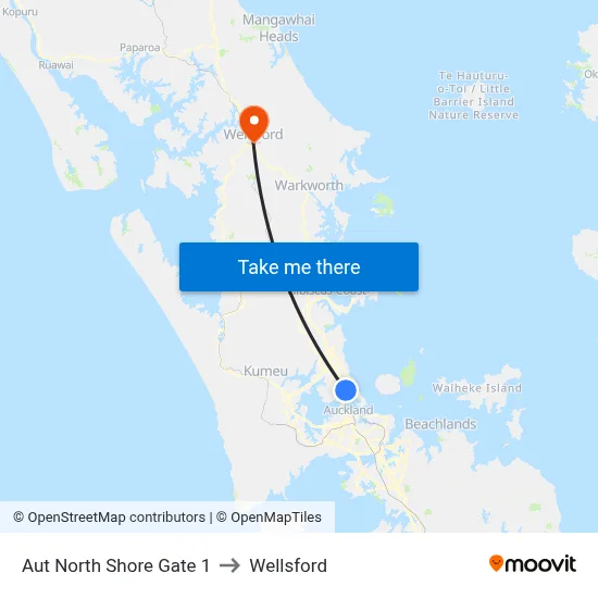 Aut North Shore Gate 1 to Wellsford map