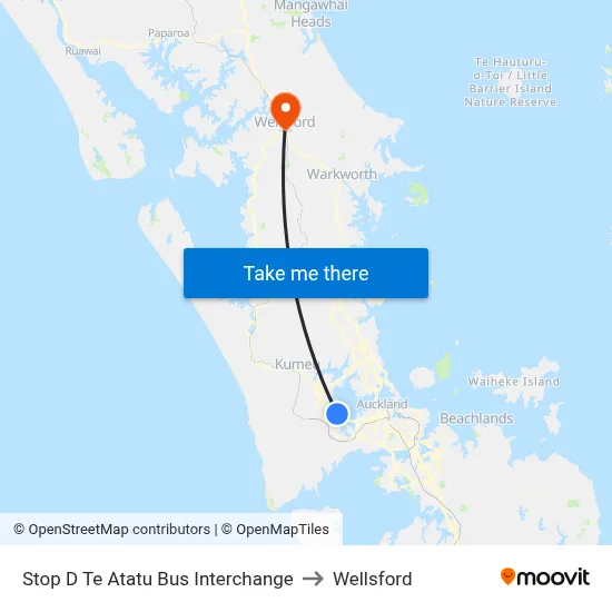 Stop D Te Atatu Bus Interchange to Wellsford map