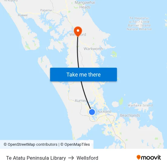 Te Atatu Peninsula Library to Wellsford map