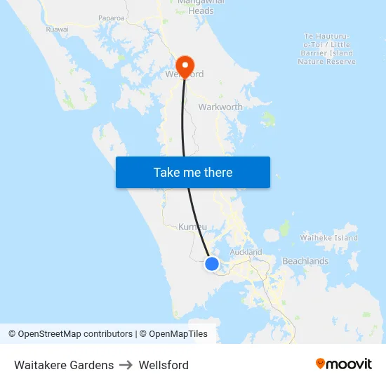 Waitakere Gardens to Wellsford map