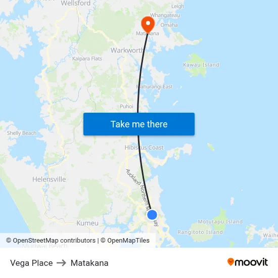 Vega Place to Matakana map