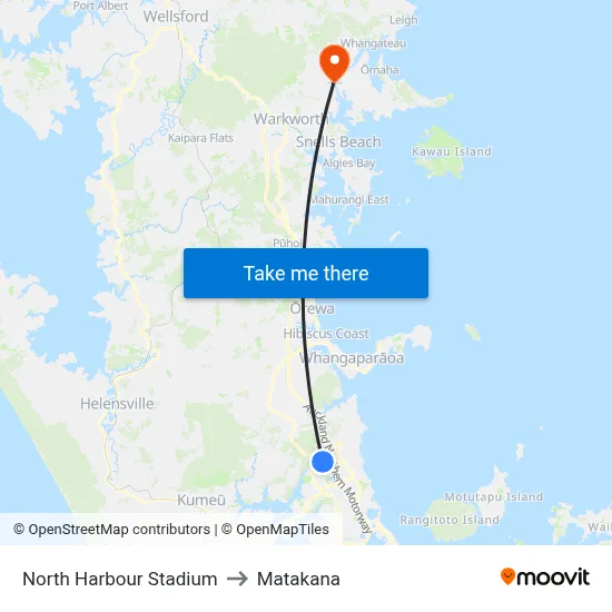 North Harbour Stadium to Matakana map