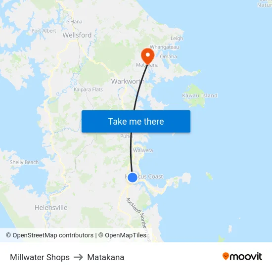 Millwater Shops to Matakana map