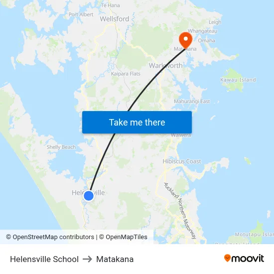Helensville School to Matakana map