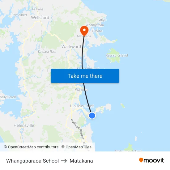 Whangaparaoa School to Matakana map