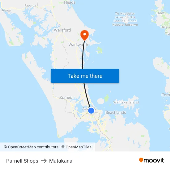 Parnell Shops to Matakana map