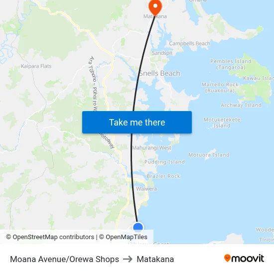 Moana Avenue/Orewa Shops to Matakana map