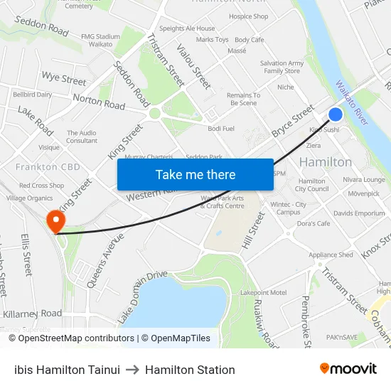 ibis Hamilton Tainui to Hamilton Station map