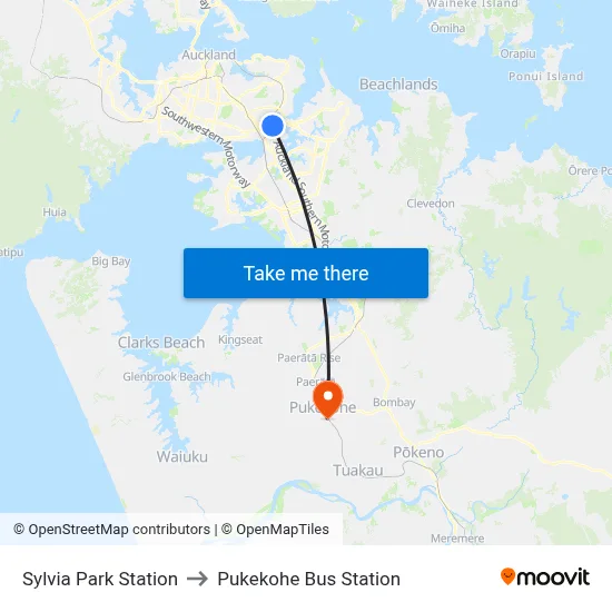 Sylvia Park Station to Pukekohe Bus Station map
