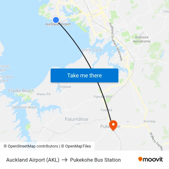 Auckland Airport (AKL) to Pukekohe Bus Station map