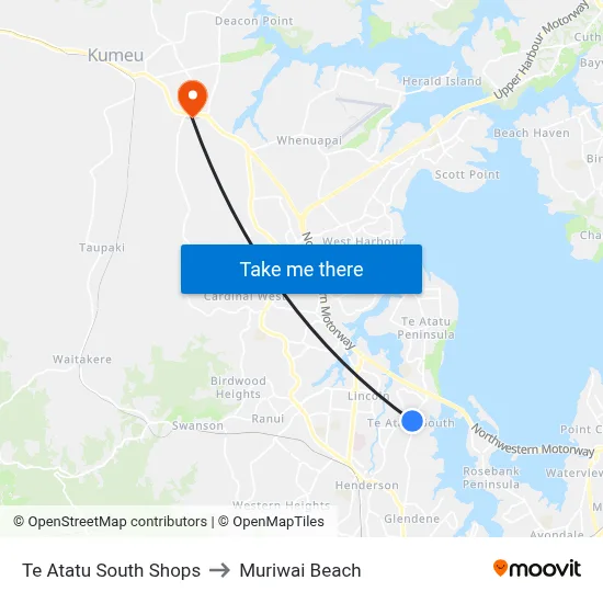 Te Atatu South Shops to Muriwai Beach map