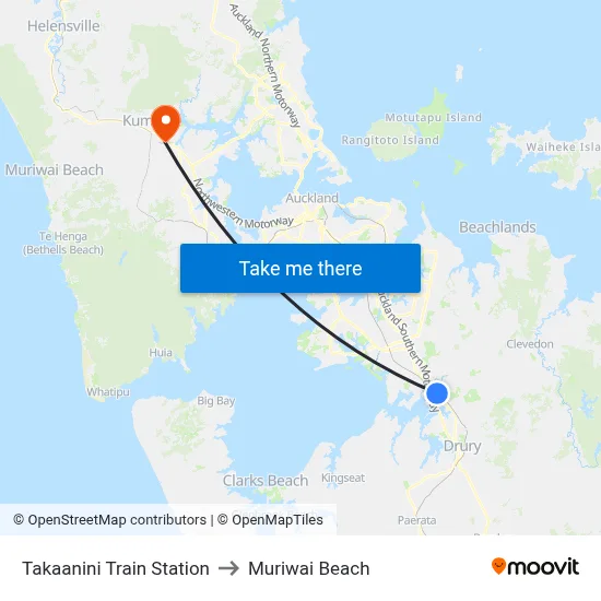 Takaanini Train Station to Muriwai Beach map