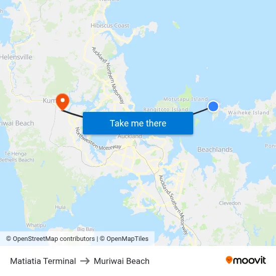Matiatia Terminal to Muriwai Beach map