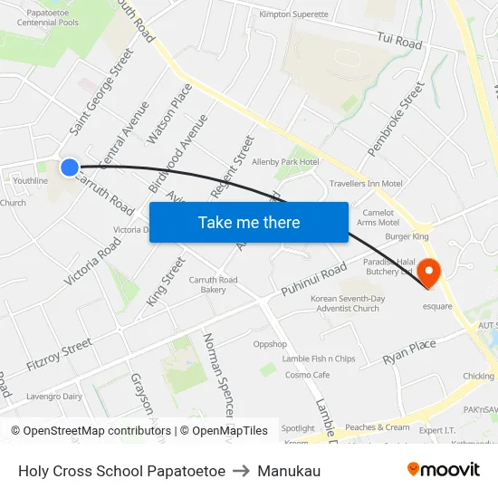Holy Cross School Papatoetoe to Manukau map