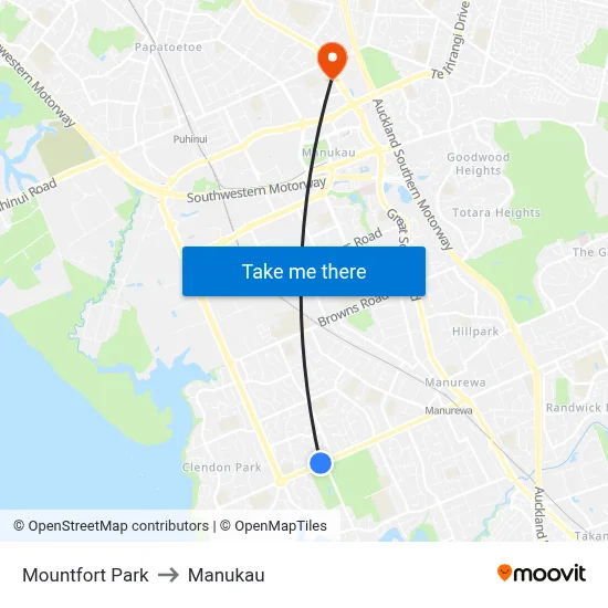 Mountfort Park to Manukau map