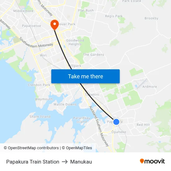 Papakura Train Station to Manukau map
