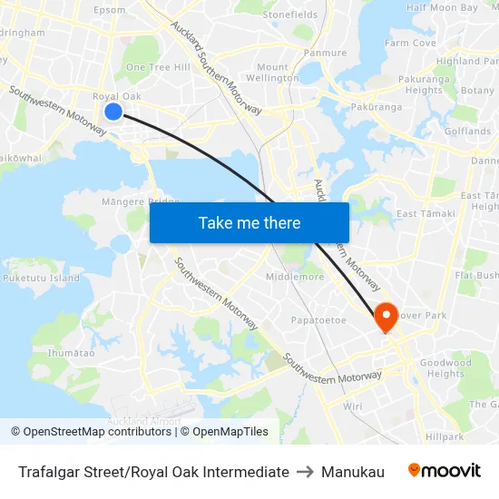 Trafalgar Street/Royal Oak Intermediate to Manukau map