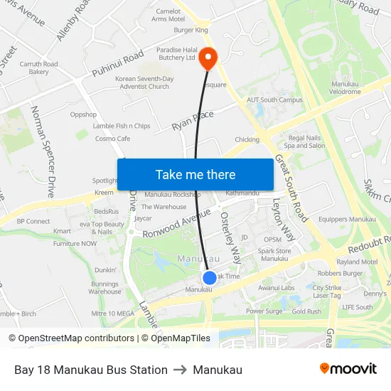 Bay 18 Manukau Bus Station to Manukau map