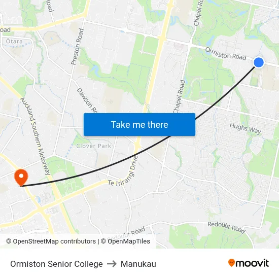 Ormiston Senior College to Manukau map