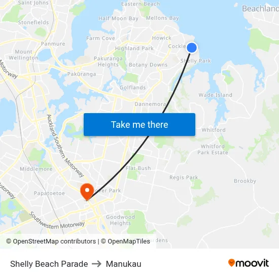 Shelly Beach Parade to Manukau map