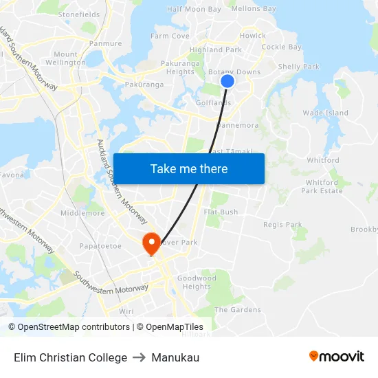 Elim Christian College to Manukau map