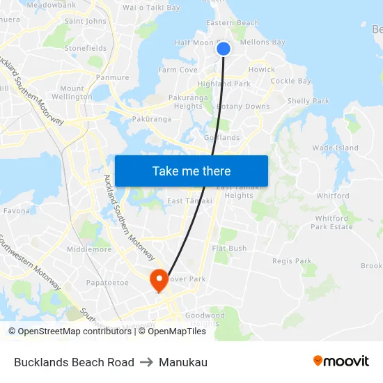 Bucklands Beach Road to Manukau map