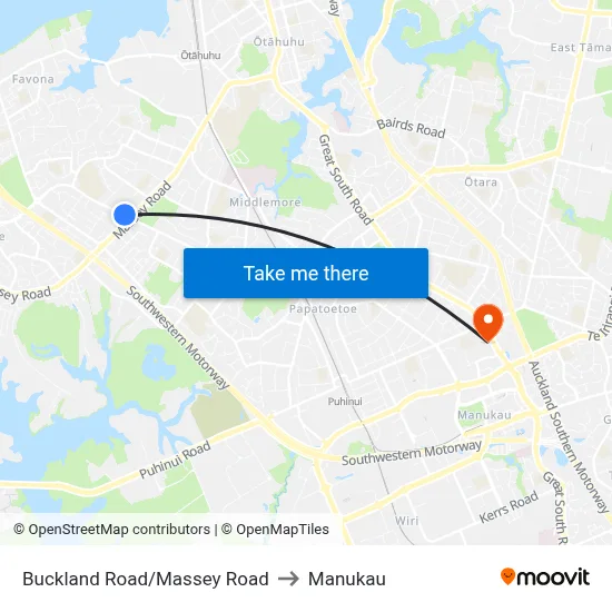 Buckland Road/Massey Road to Manukau map
