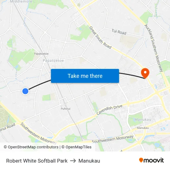 Robert White Softball Park to Manukau map