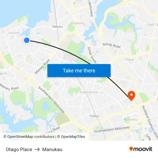 Otago Place to Manukau map