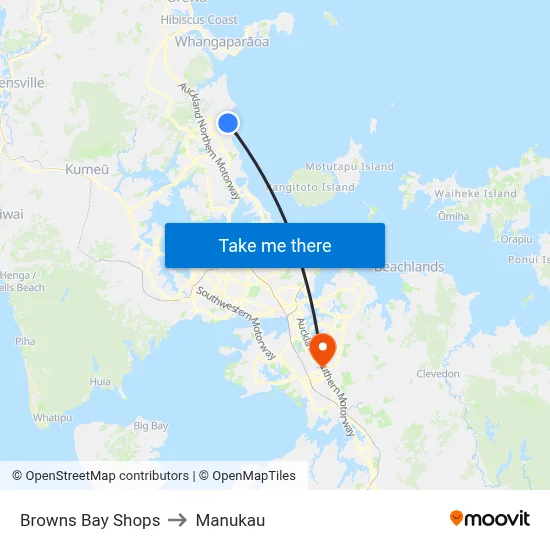 Browns Bay Shops to Manukau map