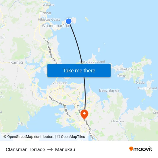 Clansman Terrace to Manukau map