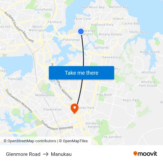 Glenmore Road to Manukau map