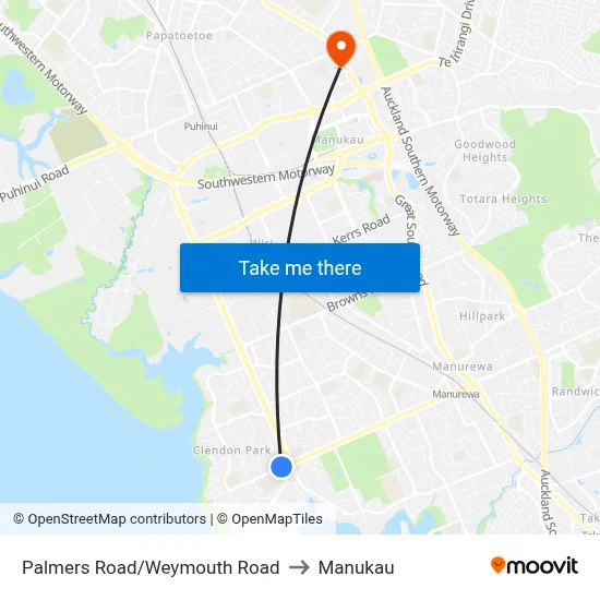 Palmers Road/Weymouth Road to Manukau map
