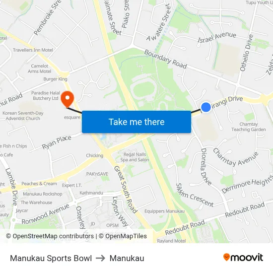 Manukau Sports Bowl to Manukau map