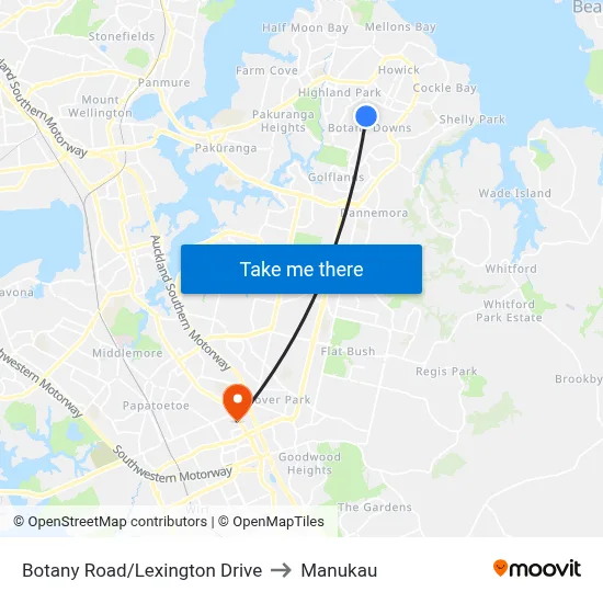 Botany Road/Lexington Drive to Manukau map