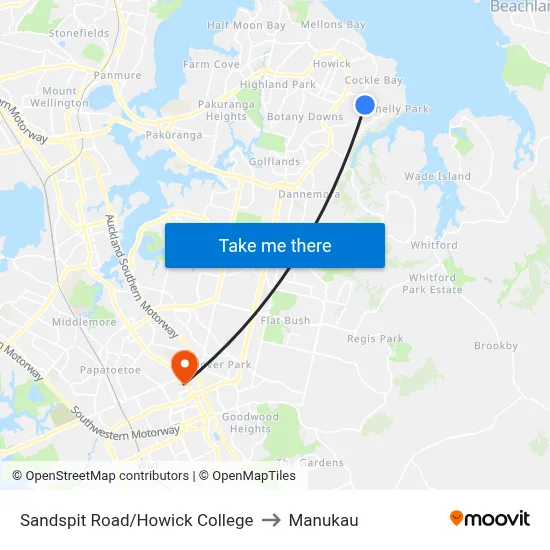 Sandspit Road/Howick College to Manukau map