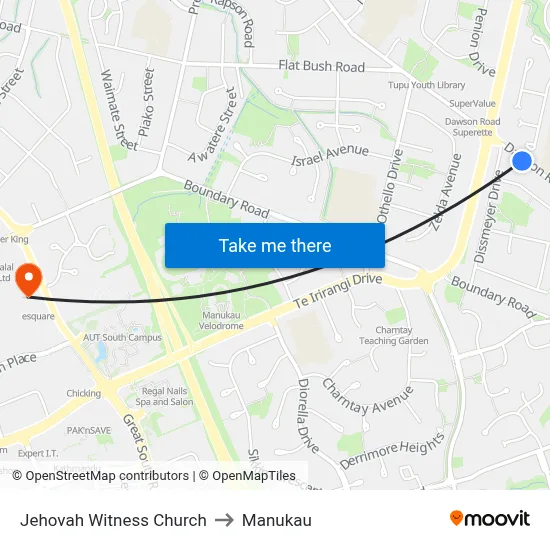 Jehovah Witness Church to Manukau map