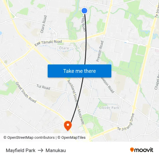 Mayfield Park to Manukau map