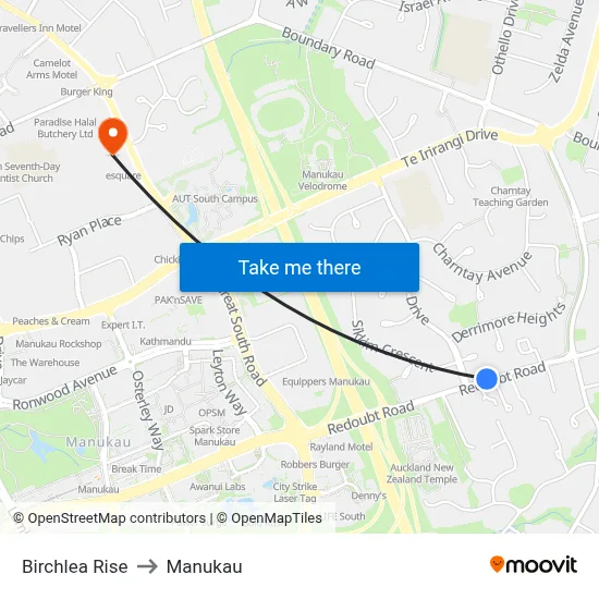 Birchlea Rise to Manukau map