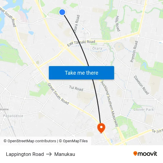 Lappington Road to Manukau map
